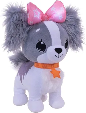 Pets - Light Up LED Plush Stuffed Animals - Fluffy Grey Cavalier Puppy with Pink Bow