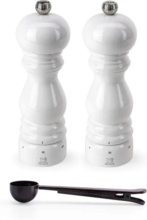 Peugeot Paris u'Select 6 Setting Manual Salt & Pepper Mill Set With Black Stainless Steel Spice Scoop Made In France (White Lacquered, 7- Inch)