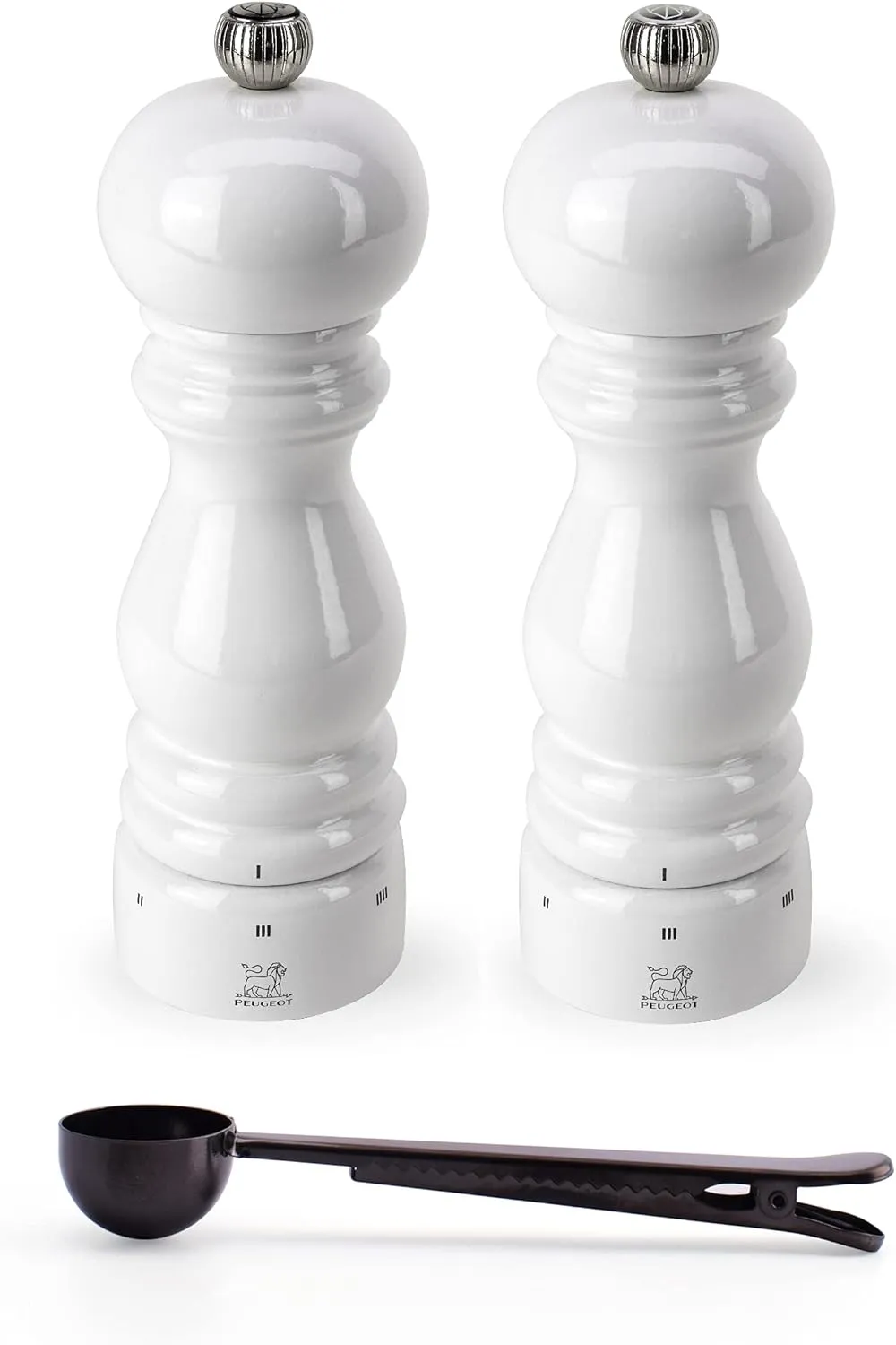 Peugeot Paris u'Select 6 Setting Manual Salt & Pepper Mill Set With Black Stainless Steel Spice Scoop Made In France (White Lacquered, 7- Inch)