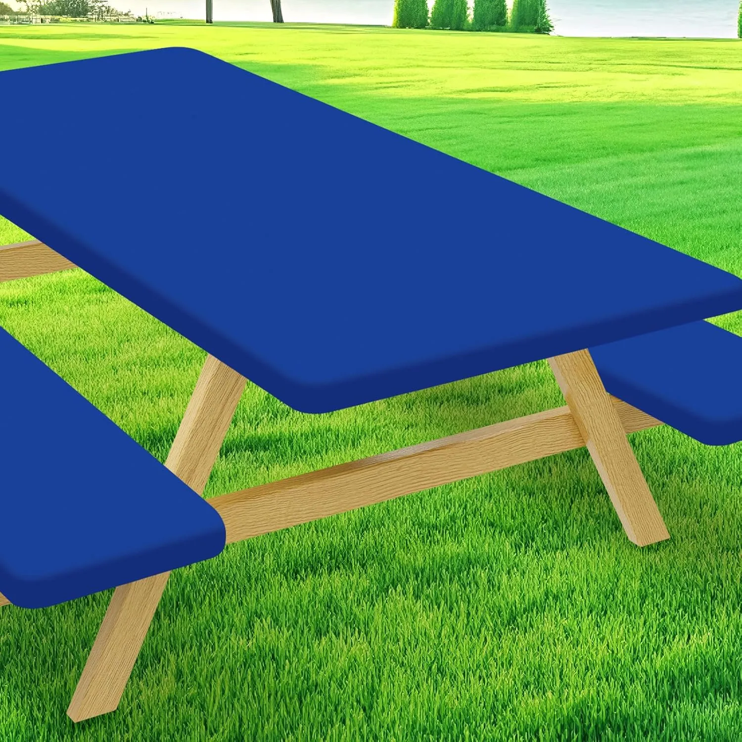 Picnic Table Cover with Bench Covers, Elastic Fitted Spandex Tablecloths for 8 Foot Rectangle Tables, Stretch Washable Patio Tablecloth for Outdoor, Camping (Blue, 30"x96")