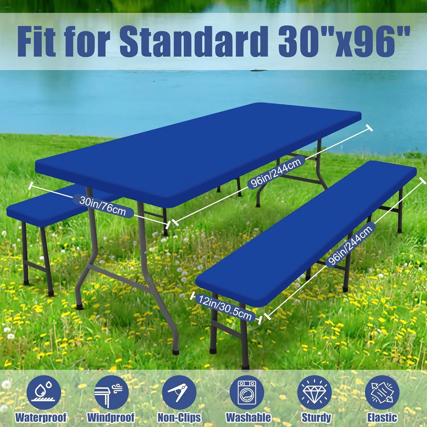 Picnic Table Cover with Bench Covers, Elastic Fitted Spandex Tablecloths for 8 Foot Rectangle Tables, Stretch Washable Patio Tablecloth for Outdoor, Camping (Blue, 30"x96")