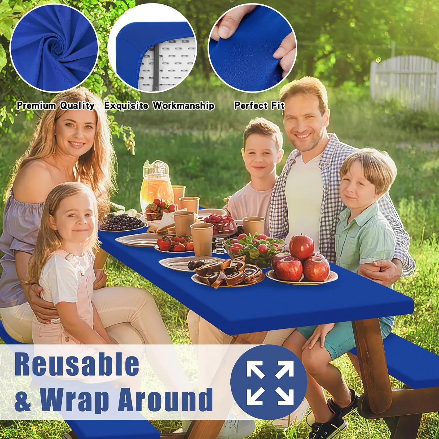Picnic Table Cover with Bench Covers, Elastic Fitted Spandex Tablecloths for 8 Foot Rectangle Tables, Stretch Washable Patio Tablecloth for Outdoor, Camping (Blue, 30"x96")