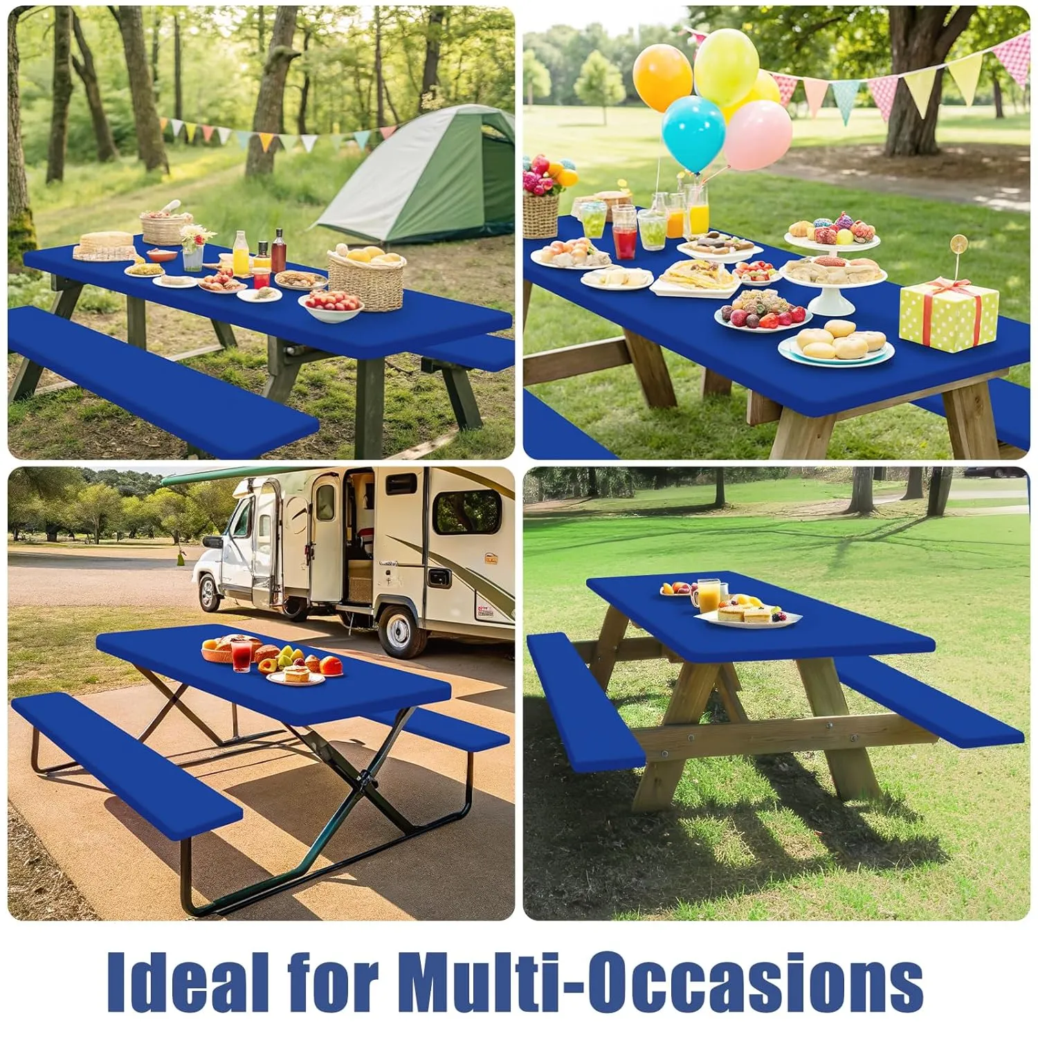 Picnic Table Cover with Bench Covers, Elastic Fitted Spandex Tablecloths for 8 Foot Rectangle Tables, Stretch Washable Patio Tablecloth for Outdoor, Camping (Blue, 30"x96")