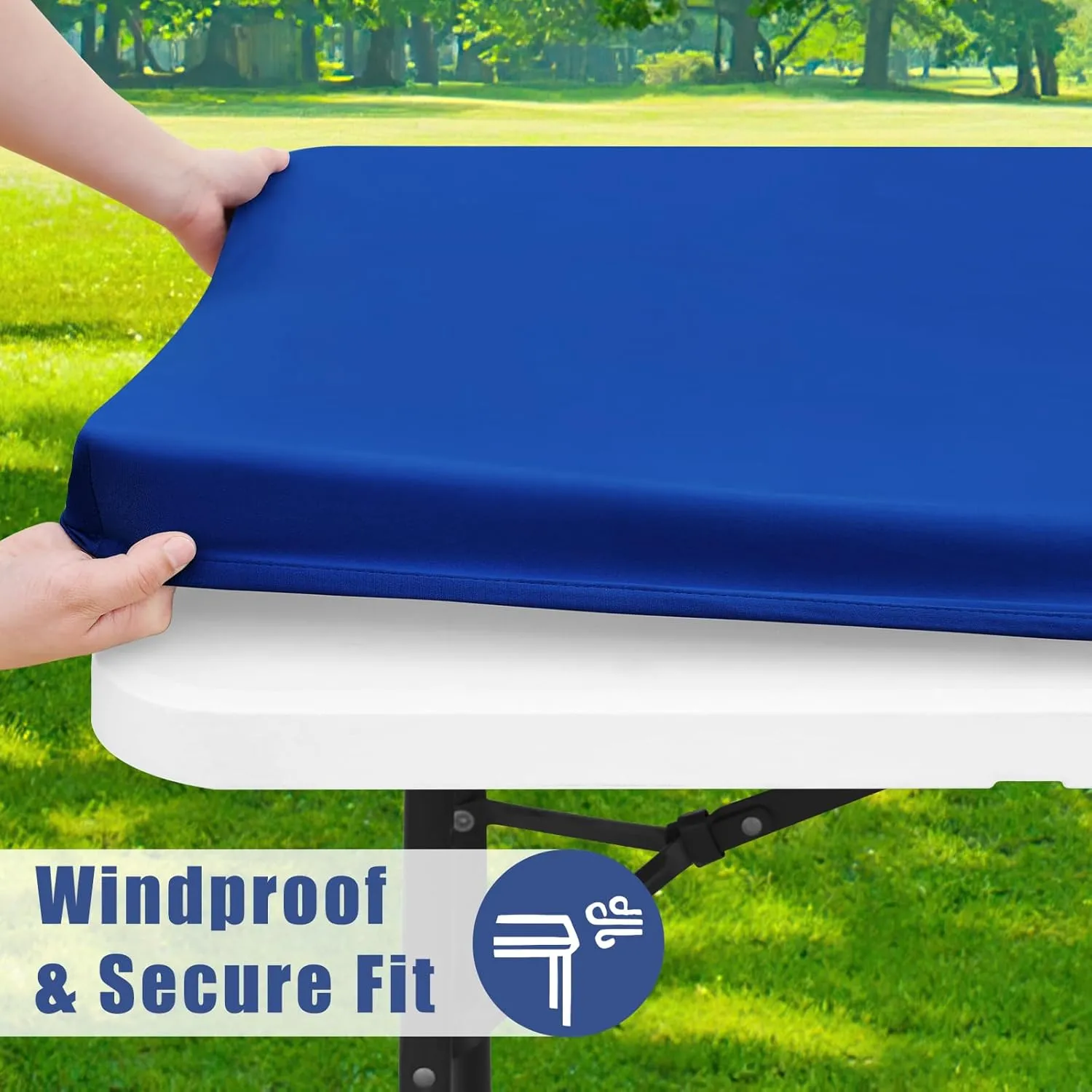 Picnic Table Cover with Bench Covers, Elastic Fitted Spandex Tablecloths for 8 Foot Rectangle Tables, Stretch Washable Patio Tablecloth for Outdoor, Camping (Blue, 30"x96")
