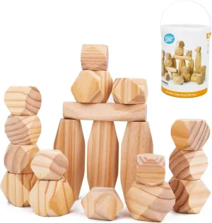 Pidoko Kids Jumbo Building Blocks for Toddlers 1-3 | Natural Wood 30 Pcs Large | Montessori Toys Wooden Block - Sensory Preschool Girls Boys Balancing Stones & Stacking Rocks - W/Storage Container