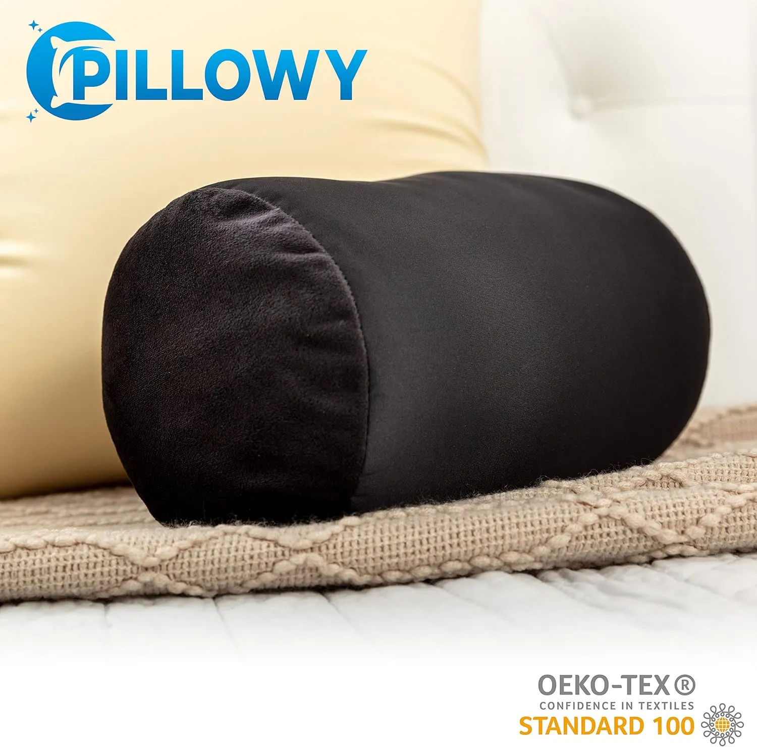 PILLOWY Microbead Bolster Neck Roll Pillow, Gently On Body, Head, Neck & Shoulders No Pain Rest, Relax Sleep - Silky Feel Prevent Wrinkles & Hair Breakage - Lightweight Cylinder Tube, 14" x 8", Black