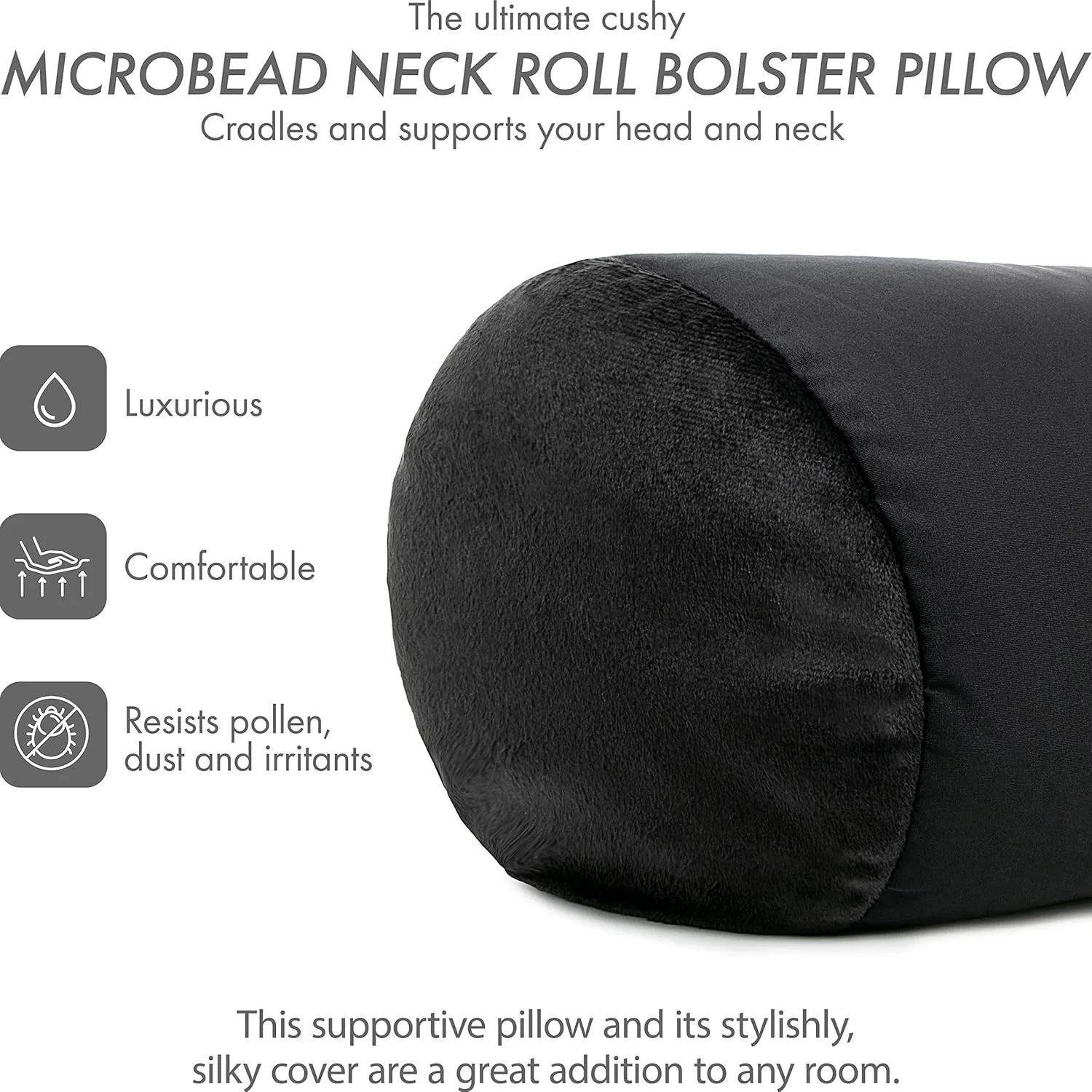 PILLOWY Microbead Bolster Neck Roll Pillow, Gently On Body, Head, Neck & Shoulders No Pain Rest, Relax Sleep - Silky Feel Prevent Wrinkles & Hair Breakage - Lightweight Cylinder Tube, 14" x 8", Black