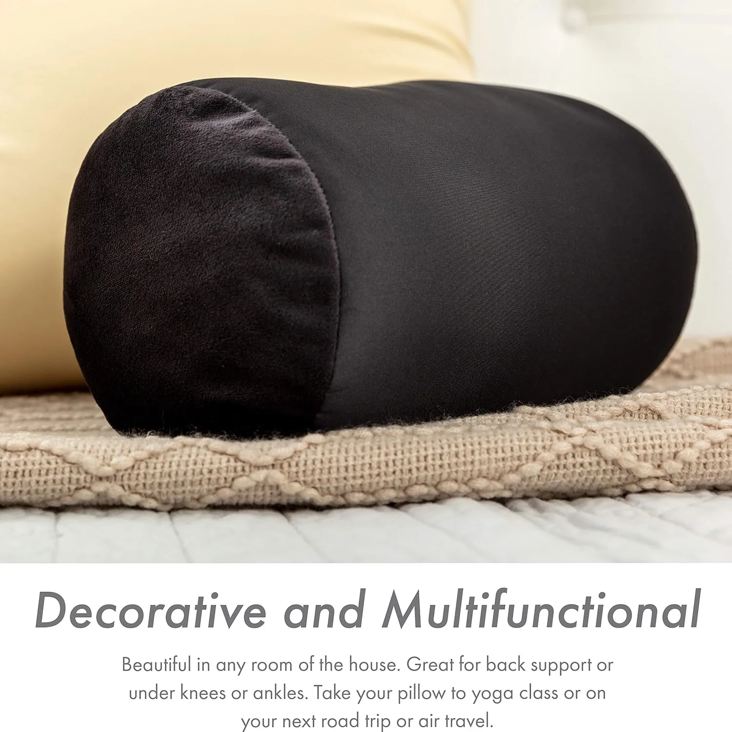 PILLOWY Microbead Bolster Neck Roll Pillow, Gently On Body, Head, Neck & Shoulders No Pain Rest, Relax Sleep - Silky Feel Prevent Wrinkles & Hair Breakage - Lightweight Cylinder Tube, 14" x 8", Black