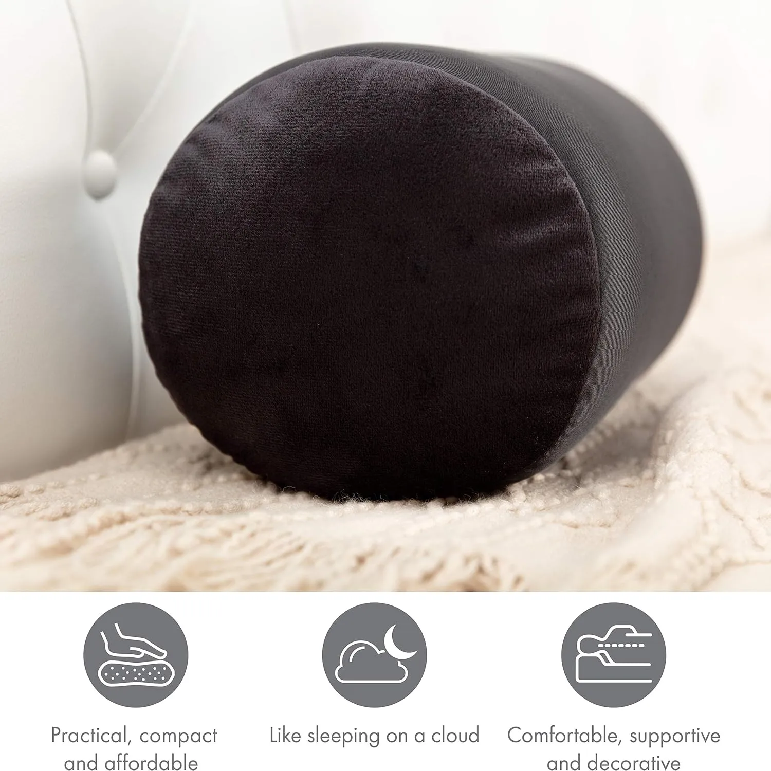 PILLOWY Microbead Bolster Neck Roll Pillow, Gently On Body, Head, Neck & Shoulders No Pain Rest, Relax Sleep - Silky Feel Prevent Wrinkles & Hair Breakage - Lightweight Cylinder Tube, 14" x 8", Black
