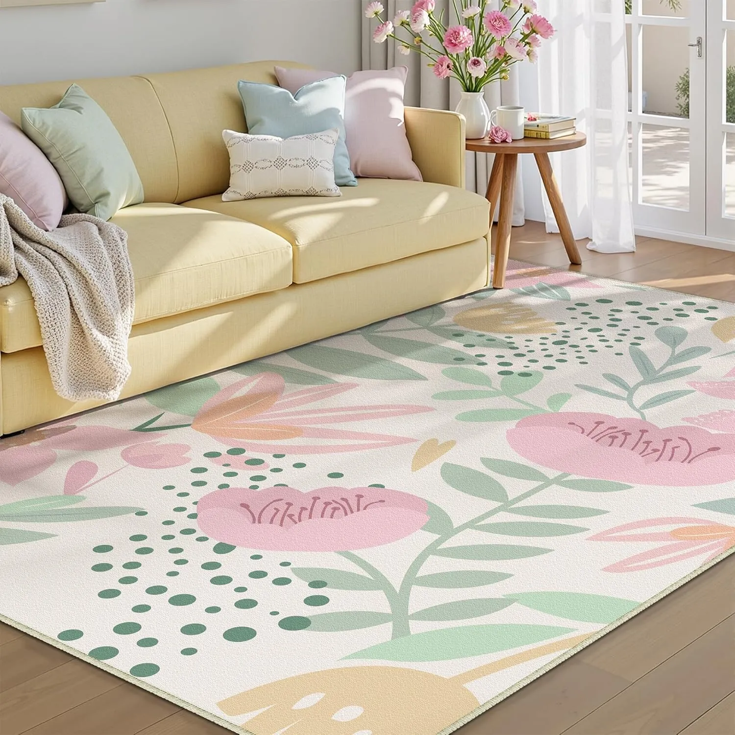 Pink Area Rug 6x9 Washable Boho Large Living Room Carpet Non Slip Kitchen Soft Cute Bedroom Botanical Indoor Accent Rug for Office Dining Room Nursery Bathroom Farmhouse