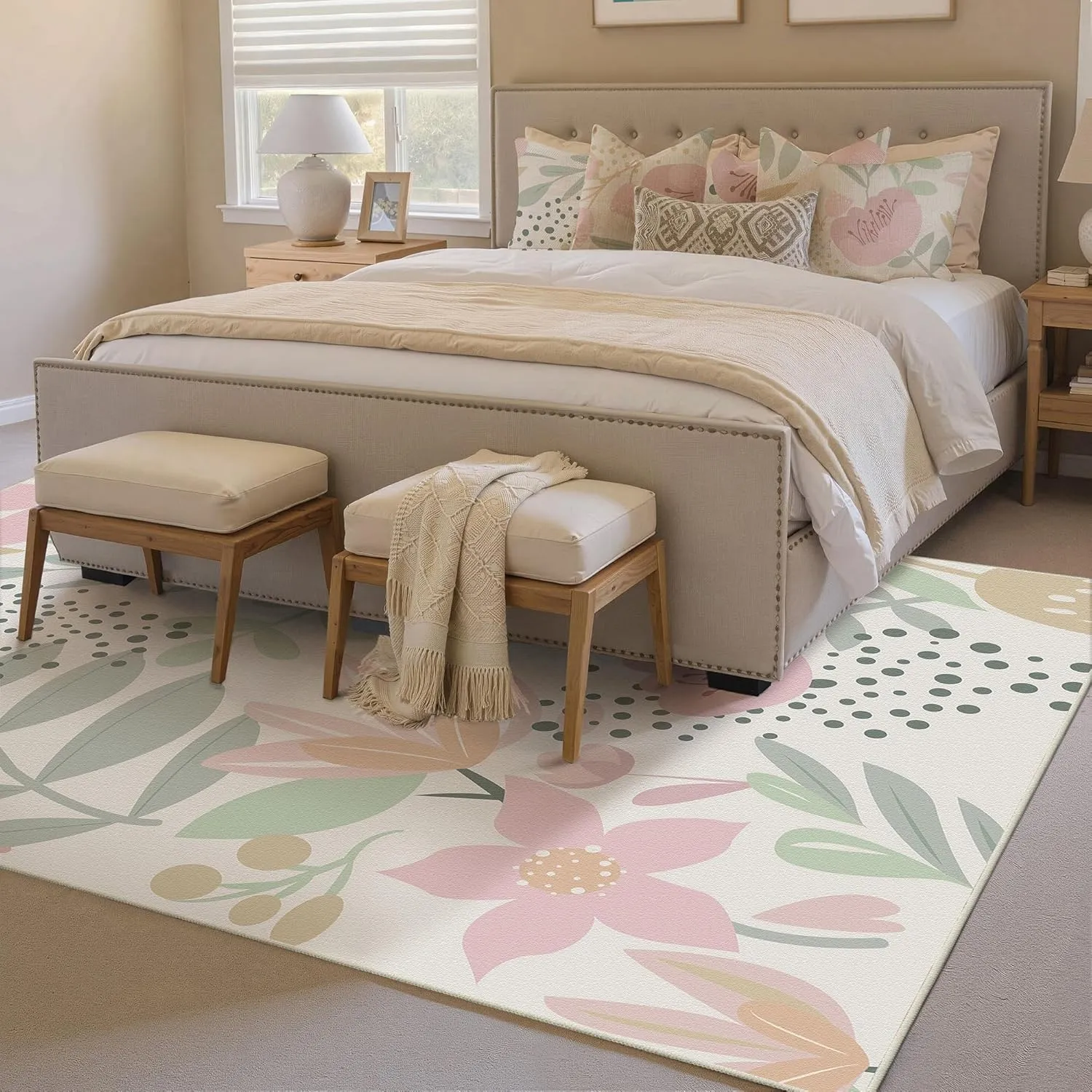 Pink Area Rug 6x9 Washable Boho Large Living Room Carpet Non Slip Kitchen Soft Cute Bedroom Botanical Indoor Accent Rug for Office Dining Room Nursery Bathroom Farmhouse
