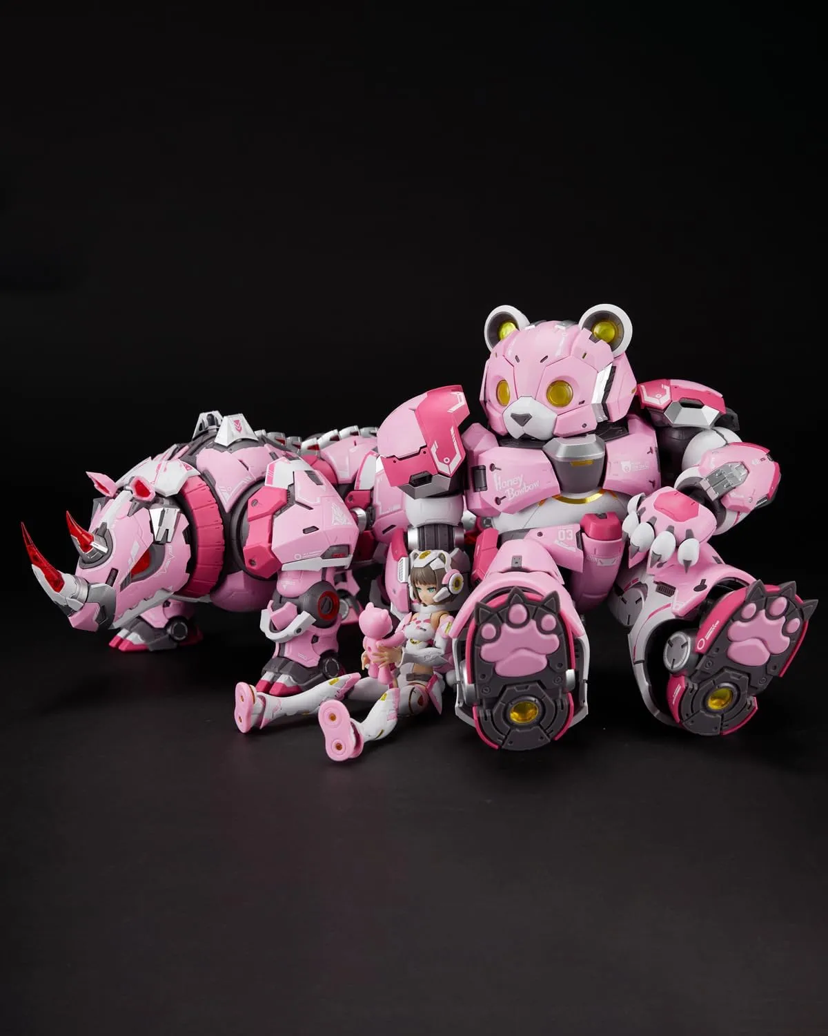 Pipigirl MS General Plastic Model Action Figures Kits, Rhino, Mecha Musume, Bear, Anime Style 1:10 Scale Collectible Action Figures, Three-Piece Set