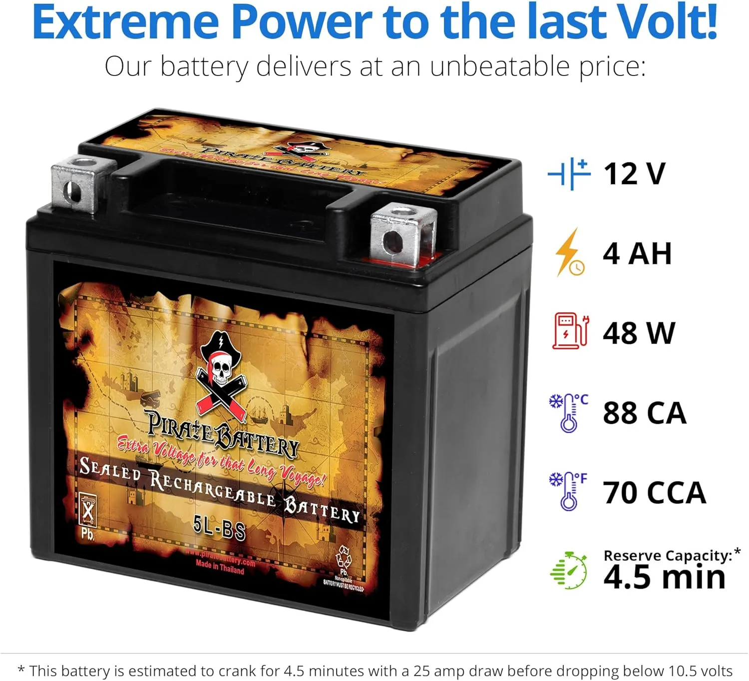 Pirate Battery YTX5L-BS Maintenance Free Replacement Battery compatible with ATV, Motorcycle, and Scooter: 12 Volts, 5 Amps, 4Ah, Nut and Bolt (T3) Terminal