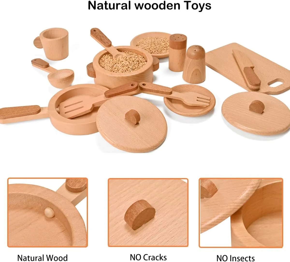Play Kitchen Accessories Montessori Wooden Toys Kids Kitchen Set Cookware Plates Dishes Pots Pans Cooking Playset 15 Pieces Sensory Toys for Toddlers Girls Boys With Storage Bag