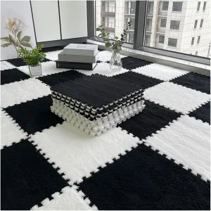 Playmat 20 Pcs Interlocking Carpet Tiles, Plush Foam Square Floor Mats Set, Interlocking Fluffy Tiles Square Puzzle with Border, 20 Tiles/19.4 Sq.Ft(White Black)