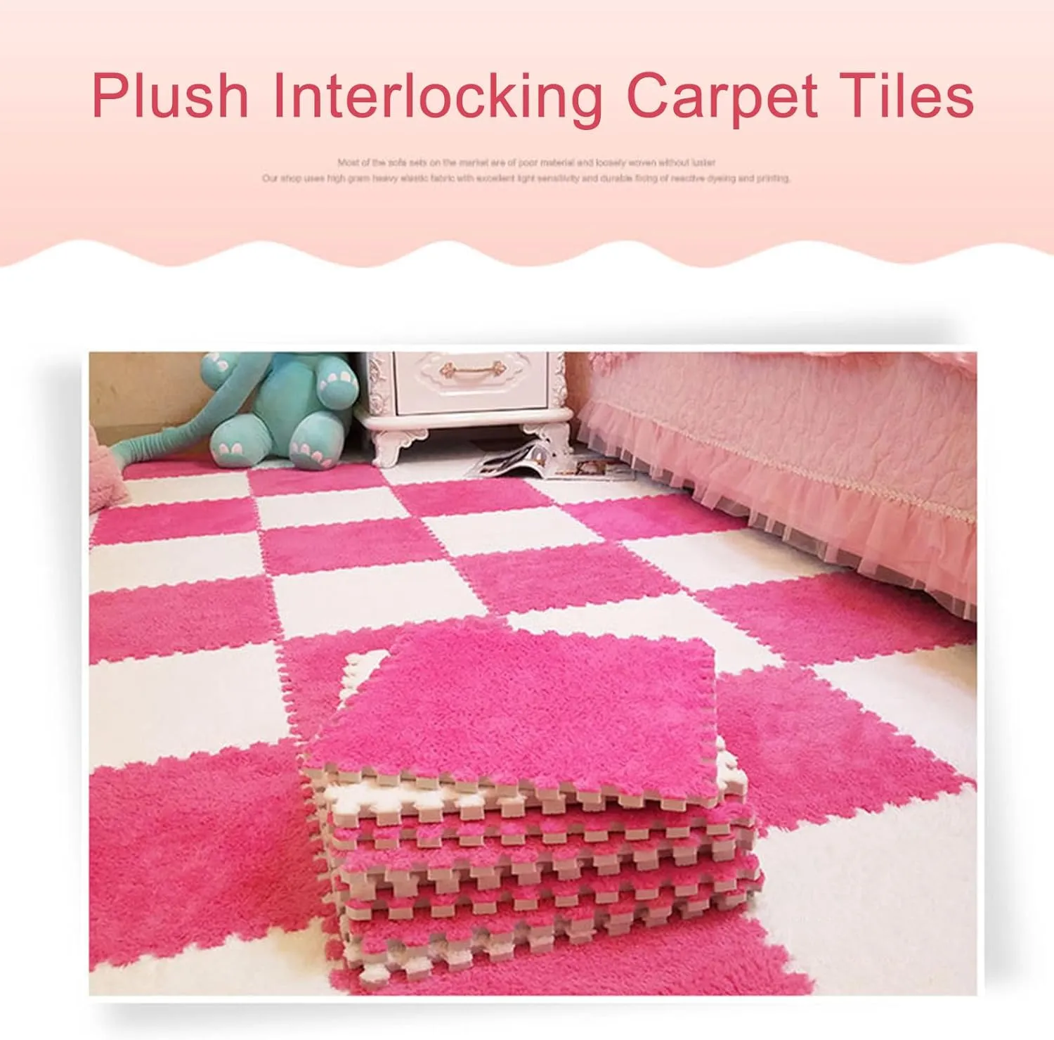 Playmat 20 Pcs Interlocking Carpet Tiles, Plush Foam Square Floor Mats Set, Interlocking Fluffy Tiles Square Puzzle with Border, 20 Tiles/19.4 Sq.Ft(White Black)