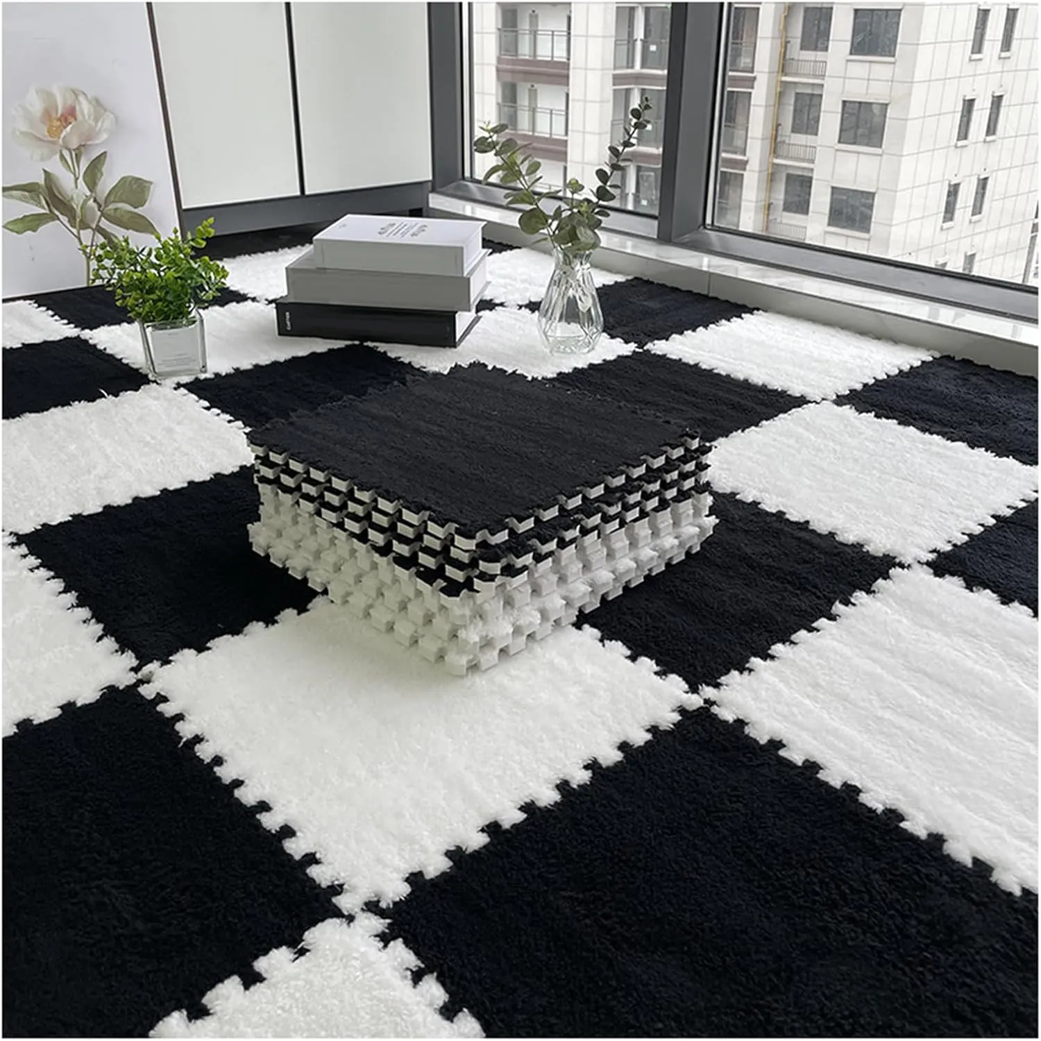 Playmat 20 Pcs Interlocking Carpet Tiles, Plush Foam Square Floor Mats Set, Interlocking Fluffy Tiles Square Puzzle with Border, 20 Tiles/19.4 Sq.Ft(White Black)