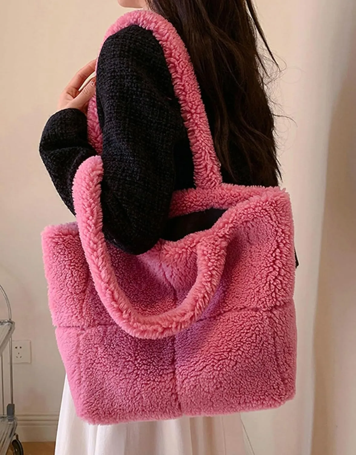 Plush Teddy Tote Bag Women 2024 Fall Winter Large Lamb Wool Shoulder Handbag Cozy Fuzzy Tote Bag
