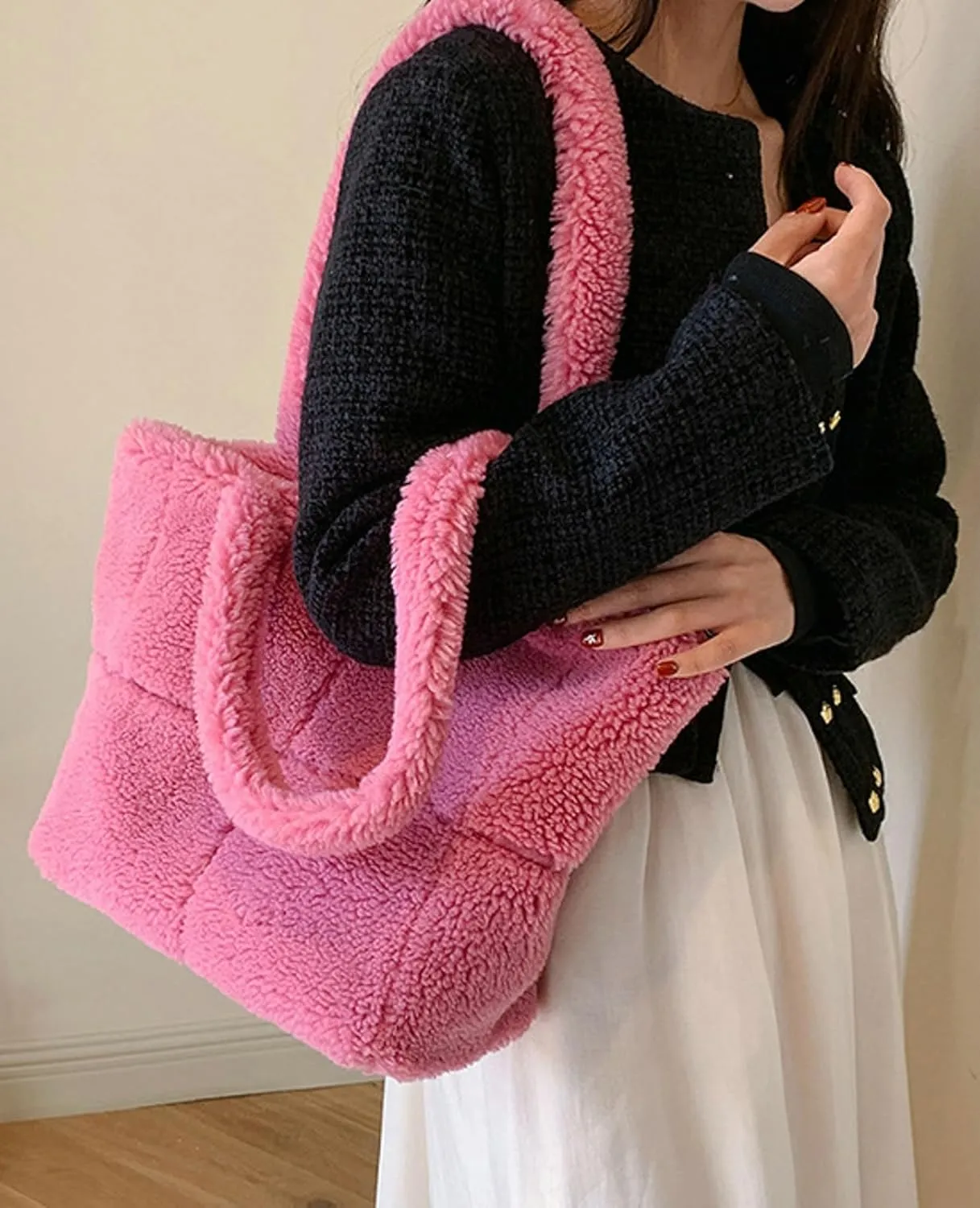 Plush Teddy Tote Bag Women 2024 Fall Winter Large Lamb Wool Shoulder Handbag Cozy Fuzzy Tote Bag