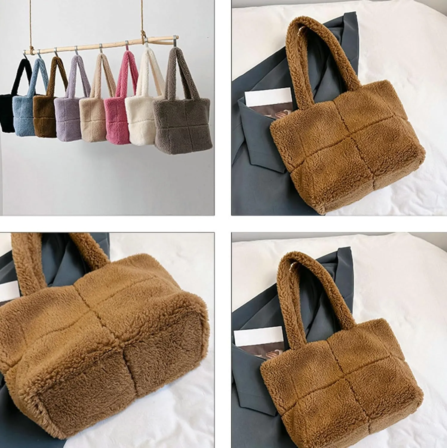 Plush Teddy Tote Bag Women 2024 Fall Winter Large Lamb Wool Shoulder Handbag Cozy Fuzzy Tote Bag