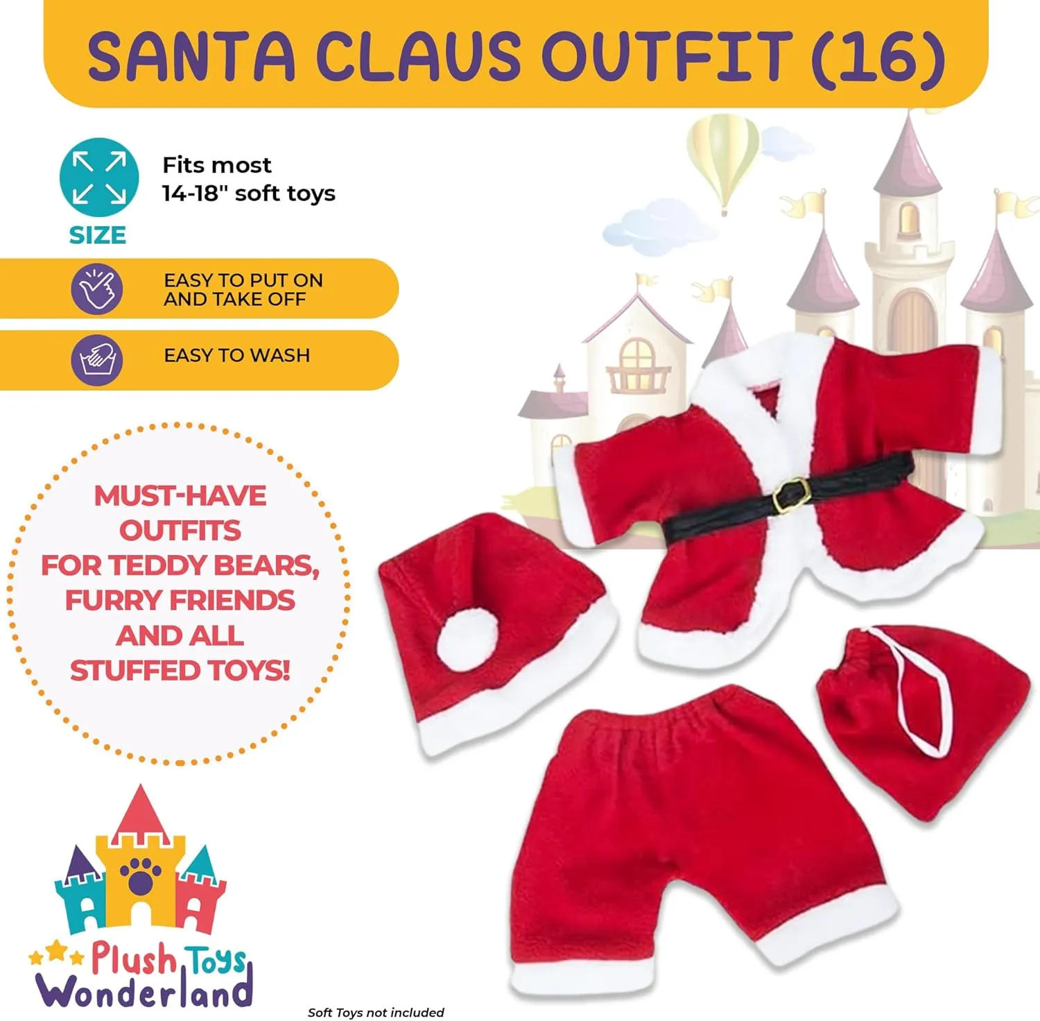 Plush Toys Wanderland Santa Claus Outfit for Stuffed Animals – Fits 14-18 inch Christmas Costume with Hat for Teddy Bears, Holiday Dress Up for Plush Toys Trendy Design Clothes