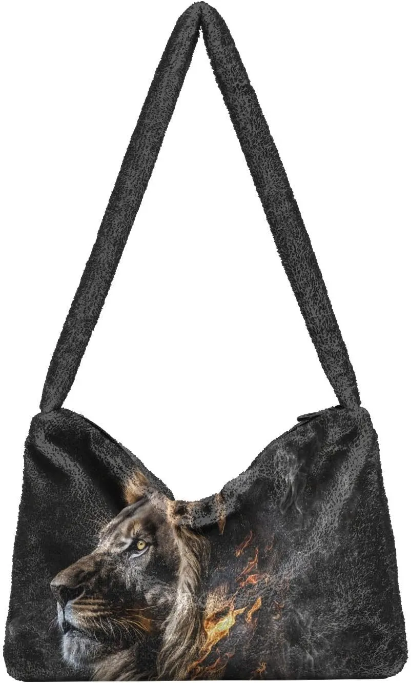 Plush Underarm Bag, (The Serious Lion) Fluffy Shoulder Bag Women Ladies Tote Bag, Cute Furry Purse, Small Handbag Bag for Autumn and Winter 12.99 × 8.66 × 3.15 in