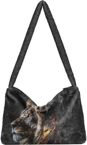 Plush Underarm Bag, (The Serious Lion) Fluffy Shoulder Bag Women Ladies Tote Bag, Cute Furry Purse, Small Handbag Bag for Autumn and Winter 12.99 × 8.66 × 3.15 in