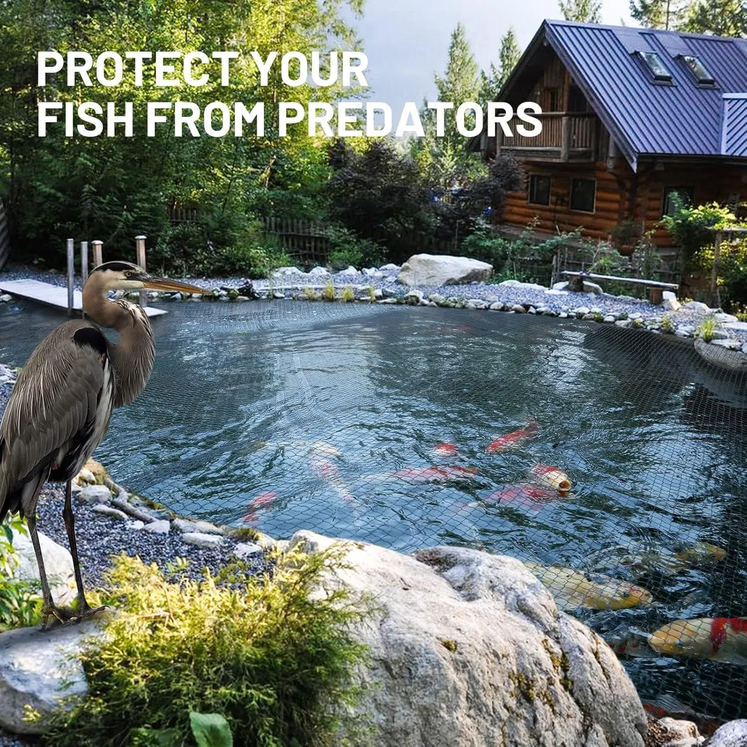 Pond Netting for Koi Ponds, 15 x 20 Pond Netting Cover for Leaves, Durable Koi Pond Net to Catch Leaves & Debris, Drive Herons, Raccoons, Cats & Predators Away, 14 Stakes Included (3/8” Mesh)