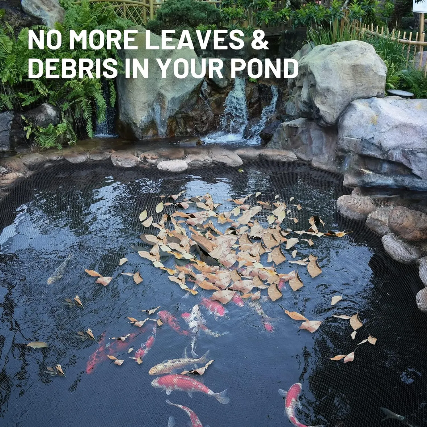 Pond Netting for Koi Ponds, 15 x 20 Pond Netting Cover for Leaves, Durable Koi Pond Net to Catch Leaves & Debris, Drive Herons, Raccoons, Cats & Predators Away, 14 Stakes Included (3/8” Mesh)