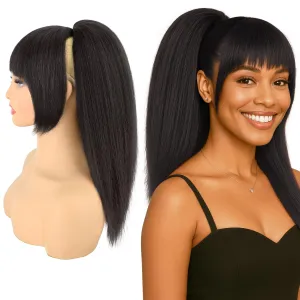 Ponytail with Bangs for Black Women ，Yaki Drawstring Ponytail Extension， Clip-in Bangs, Natural-Looking Ponytail Wig for Daily & Party(Black Brown)