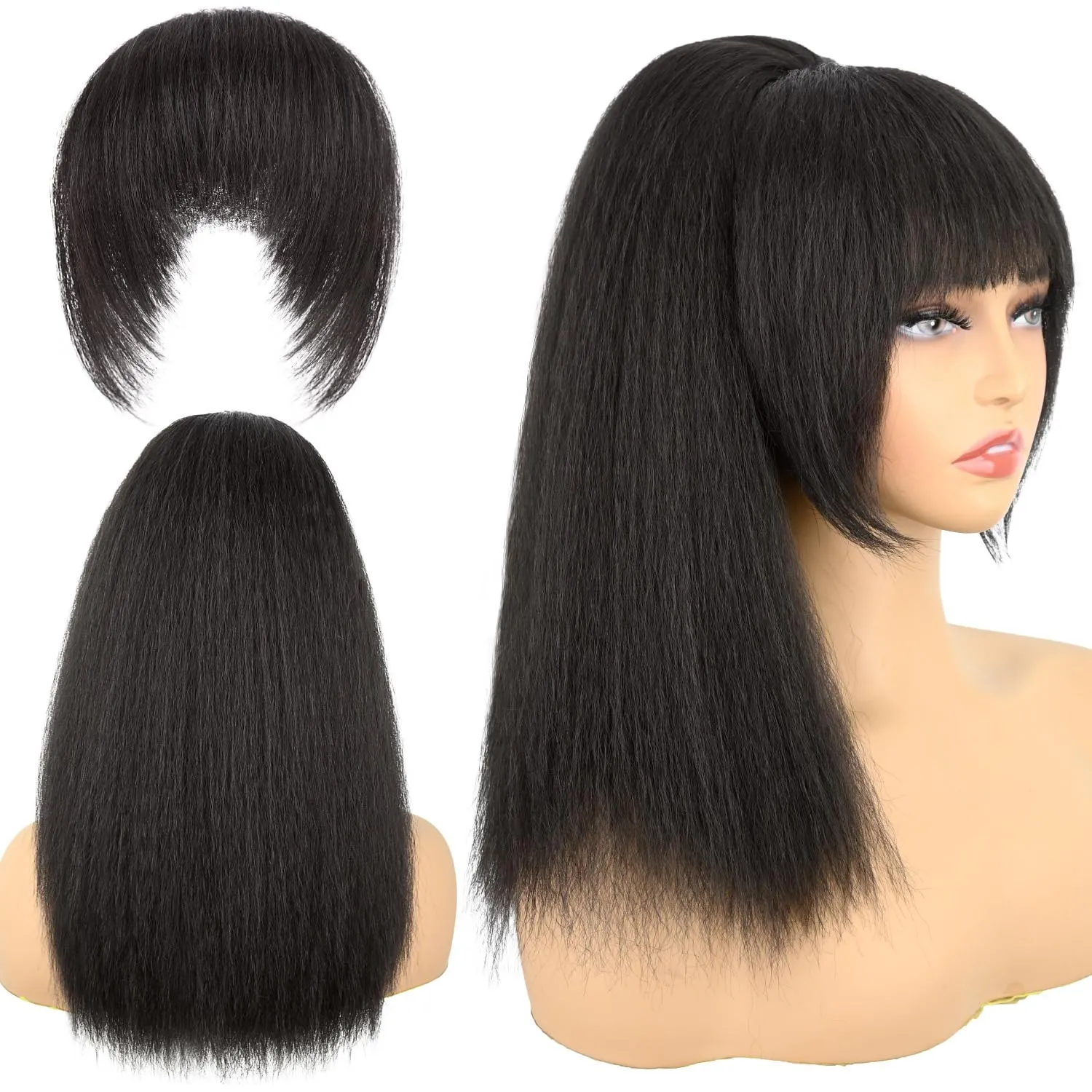 Ponytail with Bangs for Black Women ，Yaki Drawstring Ponytail Extension， Clip-in Bangs, Natural-Looking Ponytail Wig for Daily & Party(Black Brown)