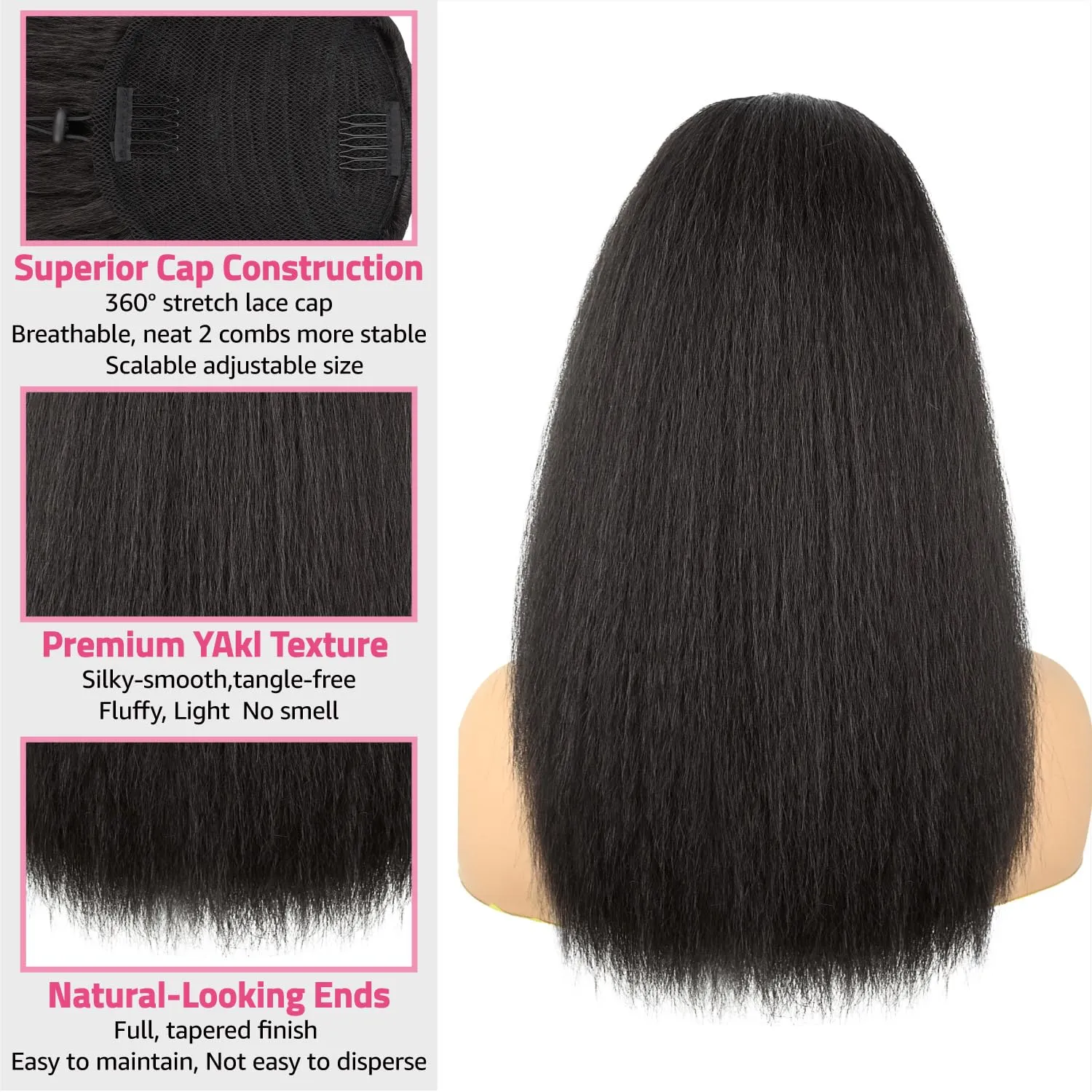 Ponytail with Bangs for Black Women ，Yaki Drawstring Ponytail Extension， Clip-in Bangs, Natural-Looking Ponytail Wig for Daily & Party(Black Brown)