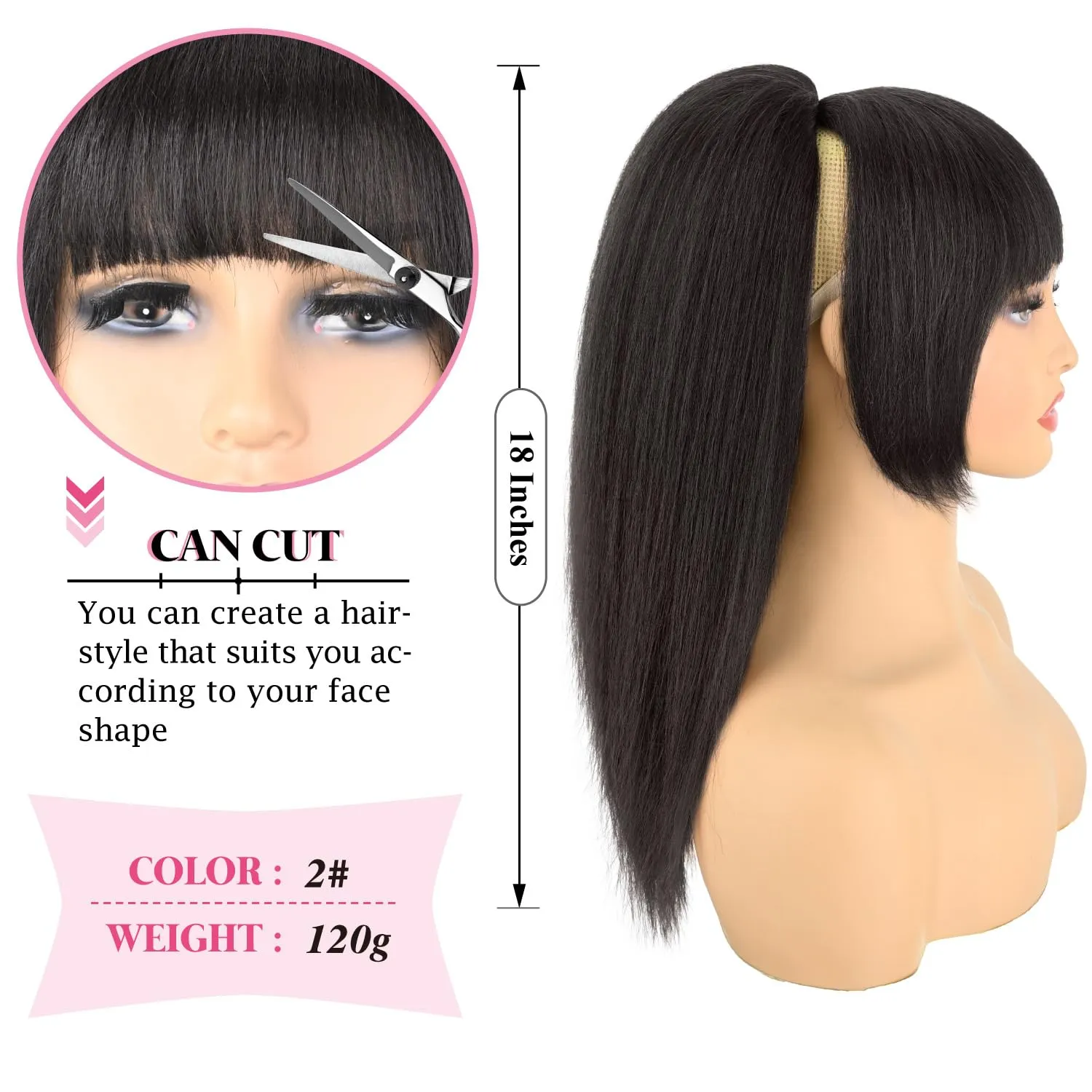 Ponytail with Bangs for Black Women ，Yaki Drawstring Ponytail Extension， Clip-in Bangs, Natural-Looking Ponytail Wig for Daily & Party(Black Brown)