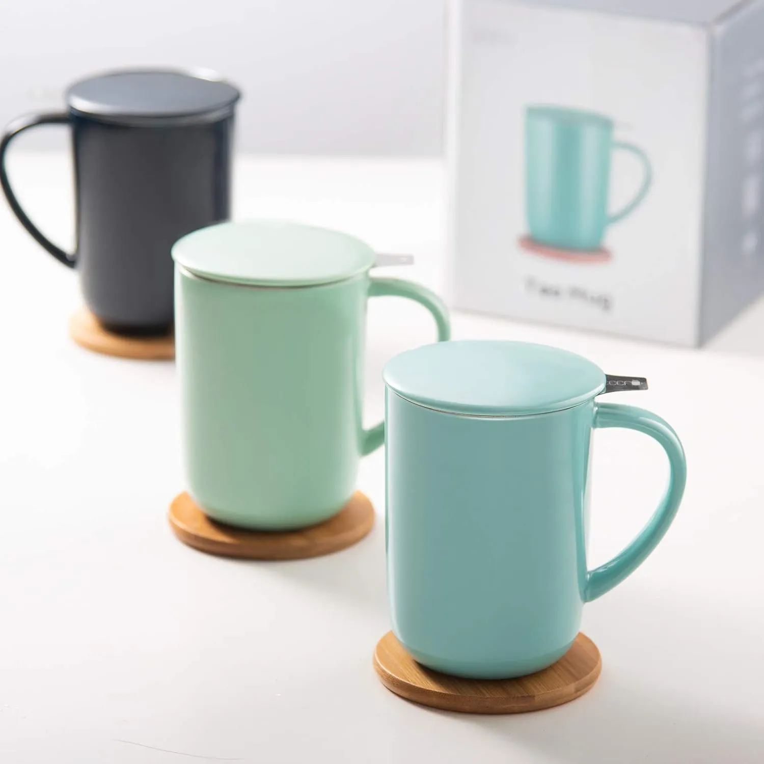 Porcelain Tea Mug with Infuser and Lid, Teaware with Filter and Coaster, Loose Leaf Tea Cup Steeper Maker, 16 OZ for Tea/Coffee/Milk/Women/Office/Home/Gift (Navy Blue)
