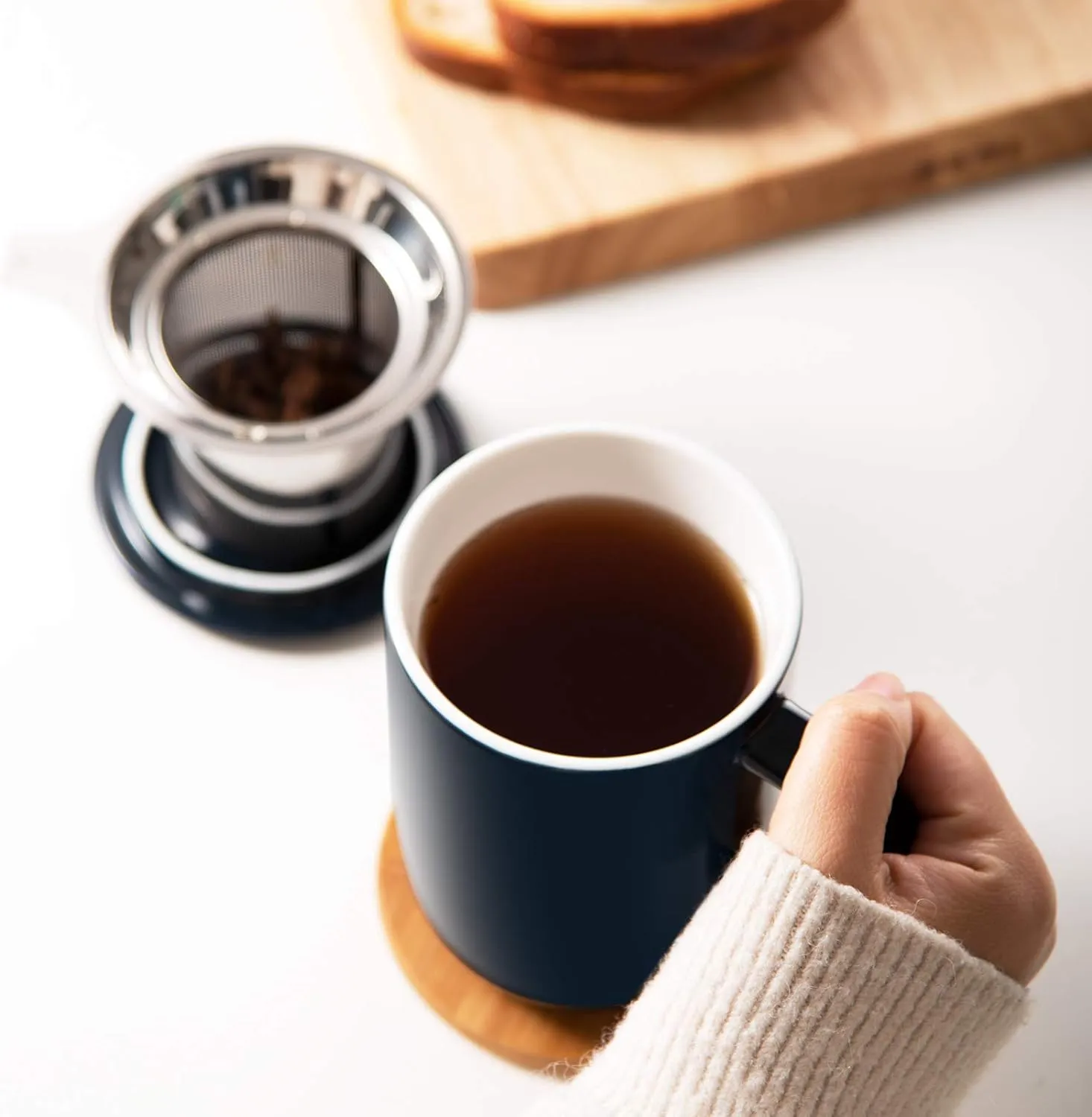 Porcelain Tea Mug with Infuser and Lid, Teaware with Filter and Coaster, Loose Leaf Tea Cup Steeper Maker, 16 OZ for Tea/Coffee/Milk/Women/Office/Home/Gift (Navy Blue)