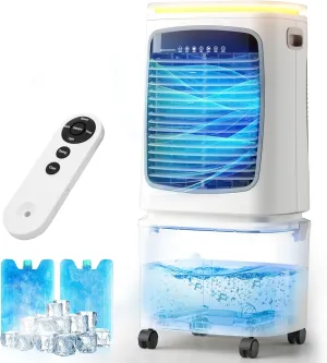 Portable Evaporative Air Cooler & Swamp Cooler - 6.6 Gal Tank, 3-in-1 Cooling Fan with Remote & LED Light, 120° Oscillation, 3 Speeds, 12H Timer, 2 Ice Packs - Windowless AC for 600 Sq.Ft