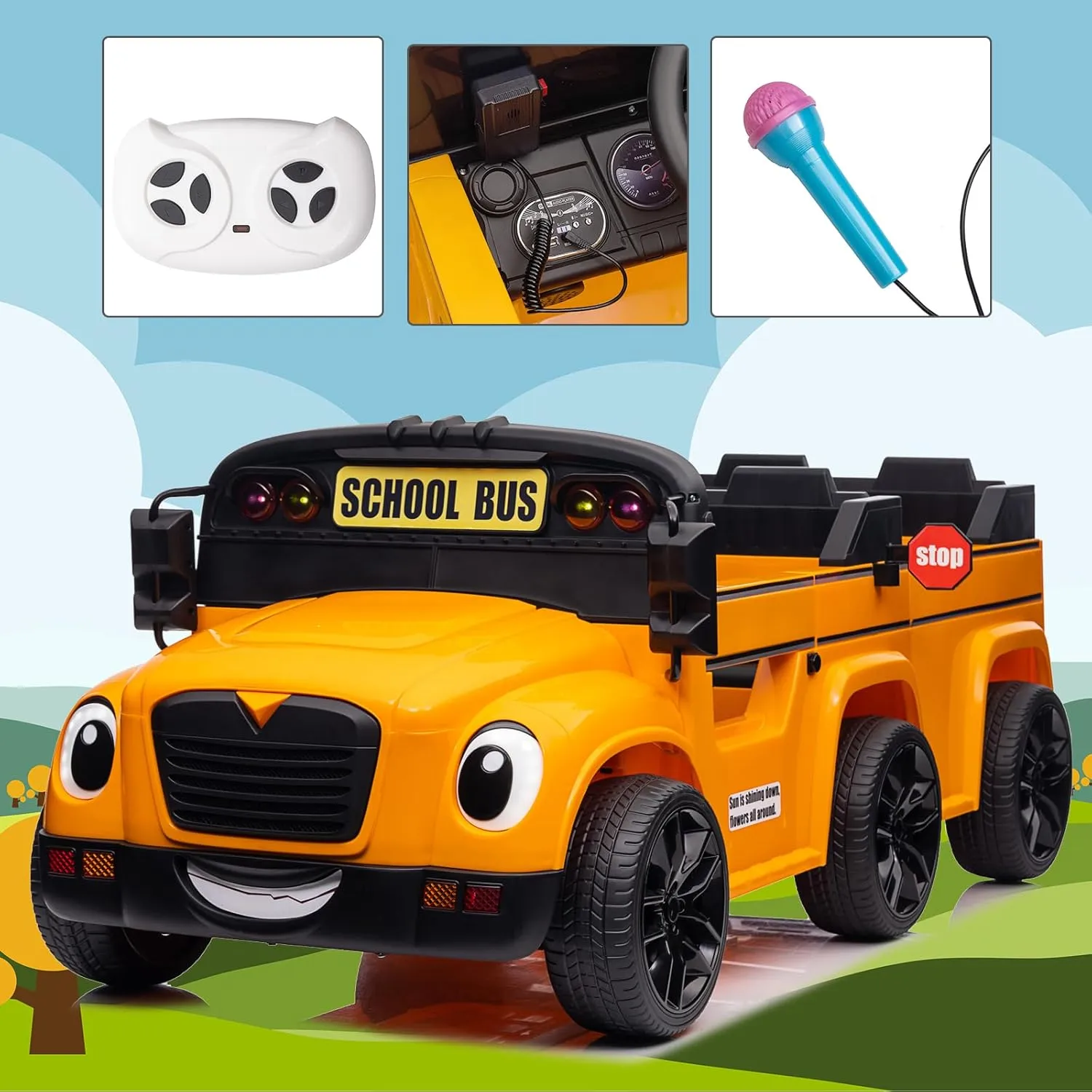 POSTACK 24V Kids Ride on School Bus, 2 Seater Ride on Car with Remote Control, Battery Powered Cars for Kids Boys Girls, Electric Ride on Toy with Microphone, Music, Yellow