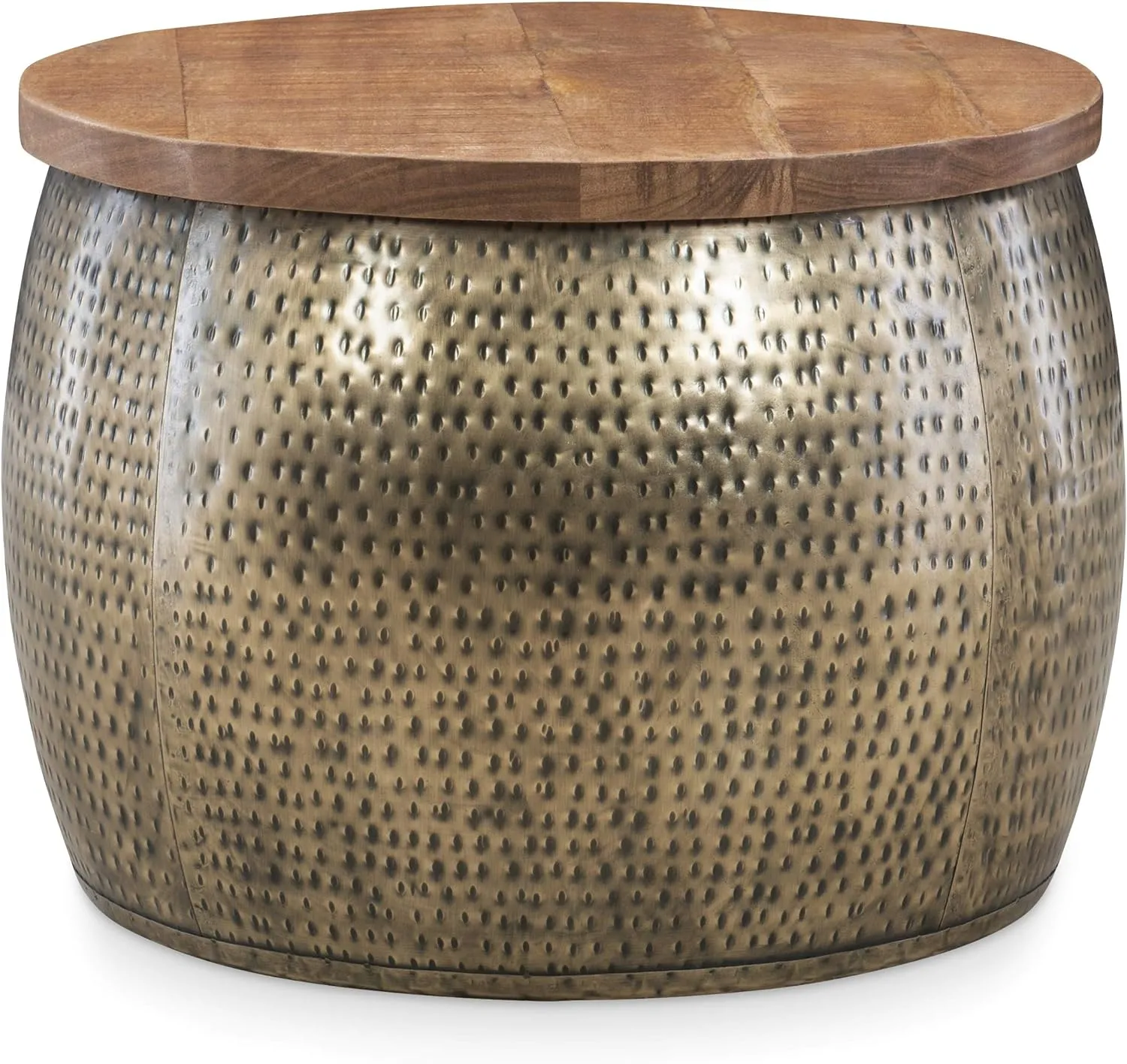 Powell Hammered Gold Drum with Natural Wood Lift Top for Storage Janice Table