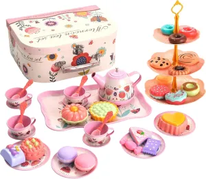 PowerTRC Tea Set for Little Girls, 48 Pcs Princess Tea Party Set for Toddlers 3 4 5 6 7 8 Years Old Girl Pretend Toys Birthday Gift with Tin Tea Set, Utensils, Desserts & Carrying Case