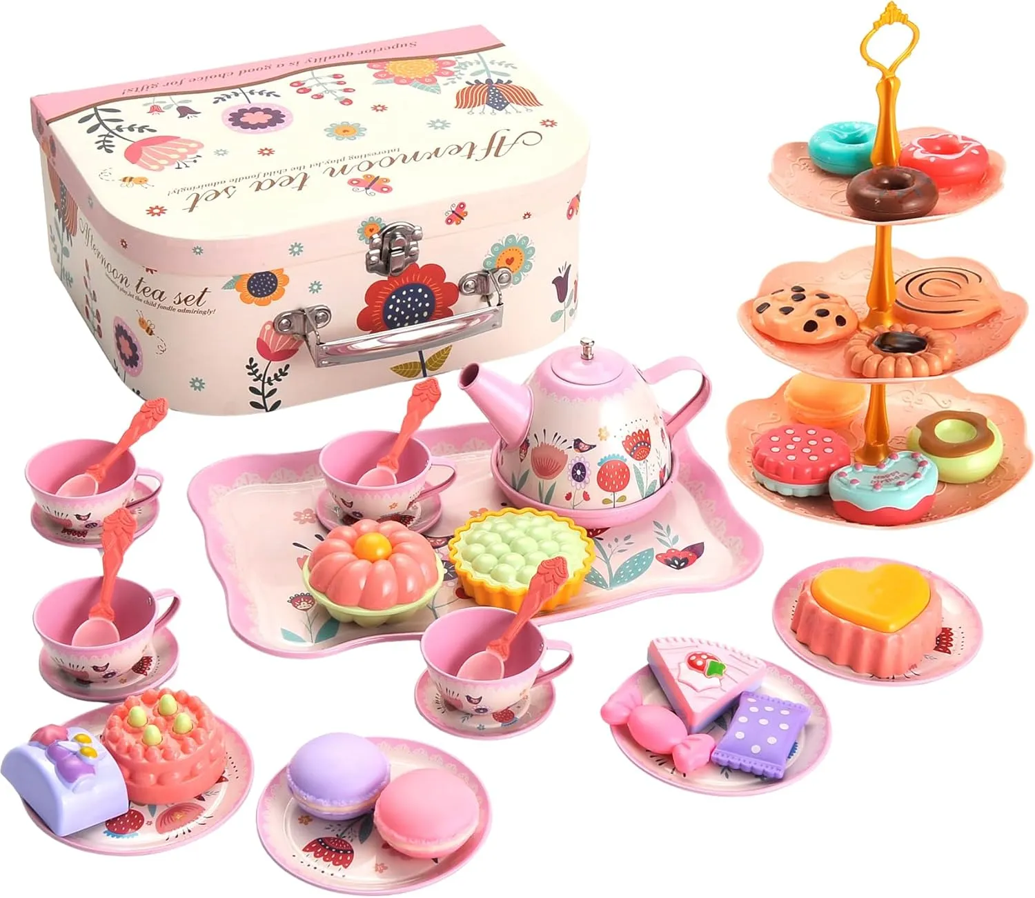 PowerTRC Tea Set for Little Girls, 48 Pcs Princess Tea Party Set for Toddlers 3 4 5 6 7 8 Years Old Girl Pretend Toys Birthday Gift with Tin Tea Set, Utensils, Desserts & Carrying Case