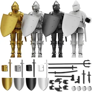 (Pre-Assembled) Dummy 13 Robot Action Figure in Armor, T13 Fifth Generation Medieval Knight with Weapons and Shields, Full Body Activity Robot, Magnetic Figures Desk Toys (Gold Silver Black White)