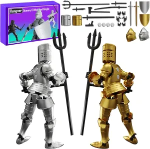 (Pre-Assembled) Dummy 13 Robot Action Figure in Armor, T13 Fifth Generation Medieval Knight with Weapons and Shields, Full Body Activity Robot, Magnetic Figures Desk Toys (Gold Silver)