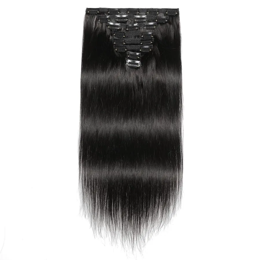 Premium 100% Human Hair Clip-In Extensions - Sleek Straight (8-Piece Set, 120g) (1B, 18 Inches)