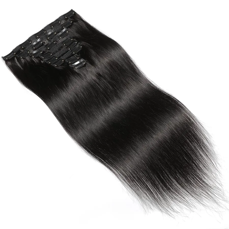 Premium 100% Human Hair Clip-In Extensions - Sleek Straight (8-Piece Set, 120g) (1B, 18 Inches)