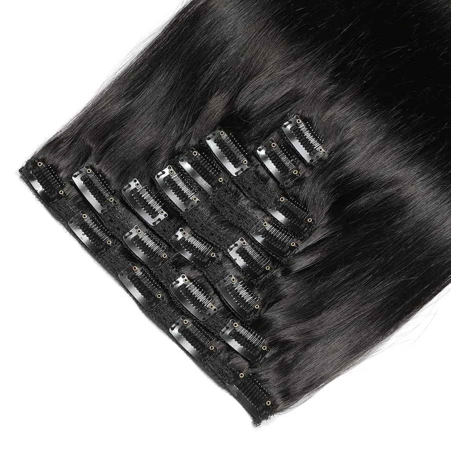 Premium 100% Human Hair Clip-In Extensions - Sleek Straight (8-Piece Set, 120g) (1B, 18 Inches)