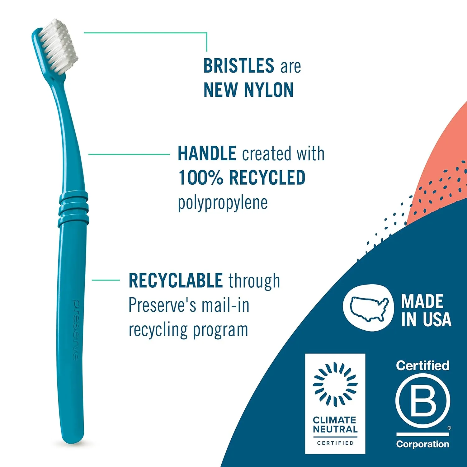 Preserve Eco Friendly Adult Toothbrushes, Made in The USA from Recycled Plastic, Lightweight Package, Ultra Soft Bristles, Colors Vary, 6 Pack