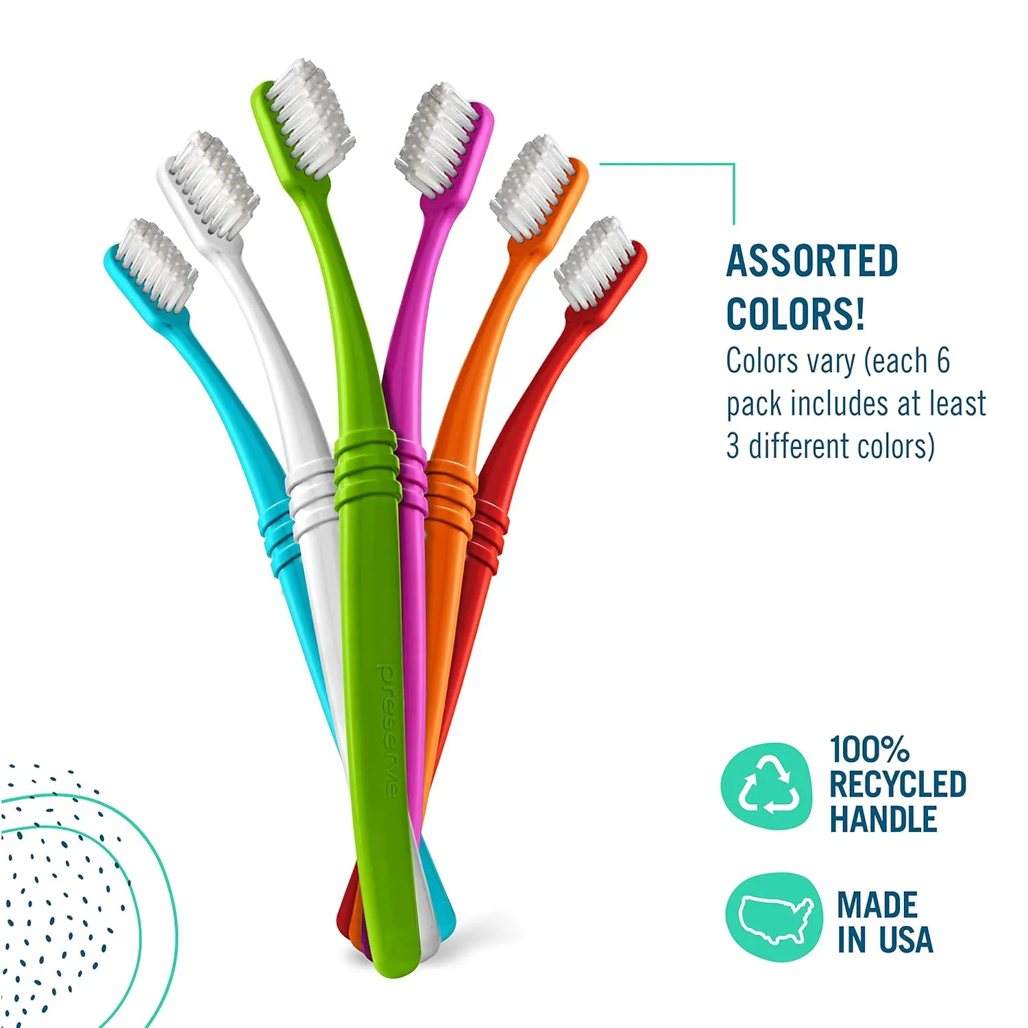 Preserve Eco Friendly Adult Toothbrushes, Made in The USA from Recycled Plastic, Lightweight Package, Ultra Soft Bristles, Colors Vary, 6 Pack