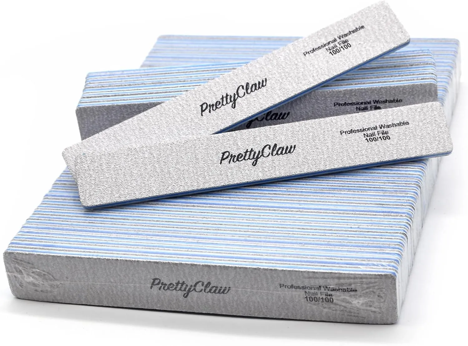 PrettyClaw | 50pc Professional Nail File 100/100 Grit Zebra Rectangle Acrylic Nail Files Plastic Center Double Sided Zebra Emery Board for Nails Washable 7 inch Nail File