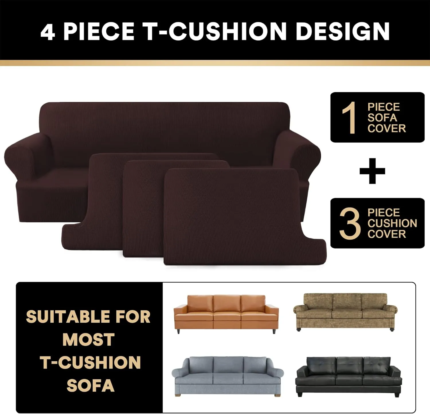 PrinceDeco T Cushion Sofa Slipcover 4 Pieces Sofa Covers for T Cushion Couch Soft Sofa Slip Covers Furniture Protector with 3 Individual T Shape Seat Covers (72"-90") Washable, Brown