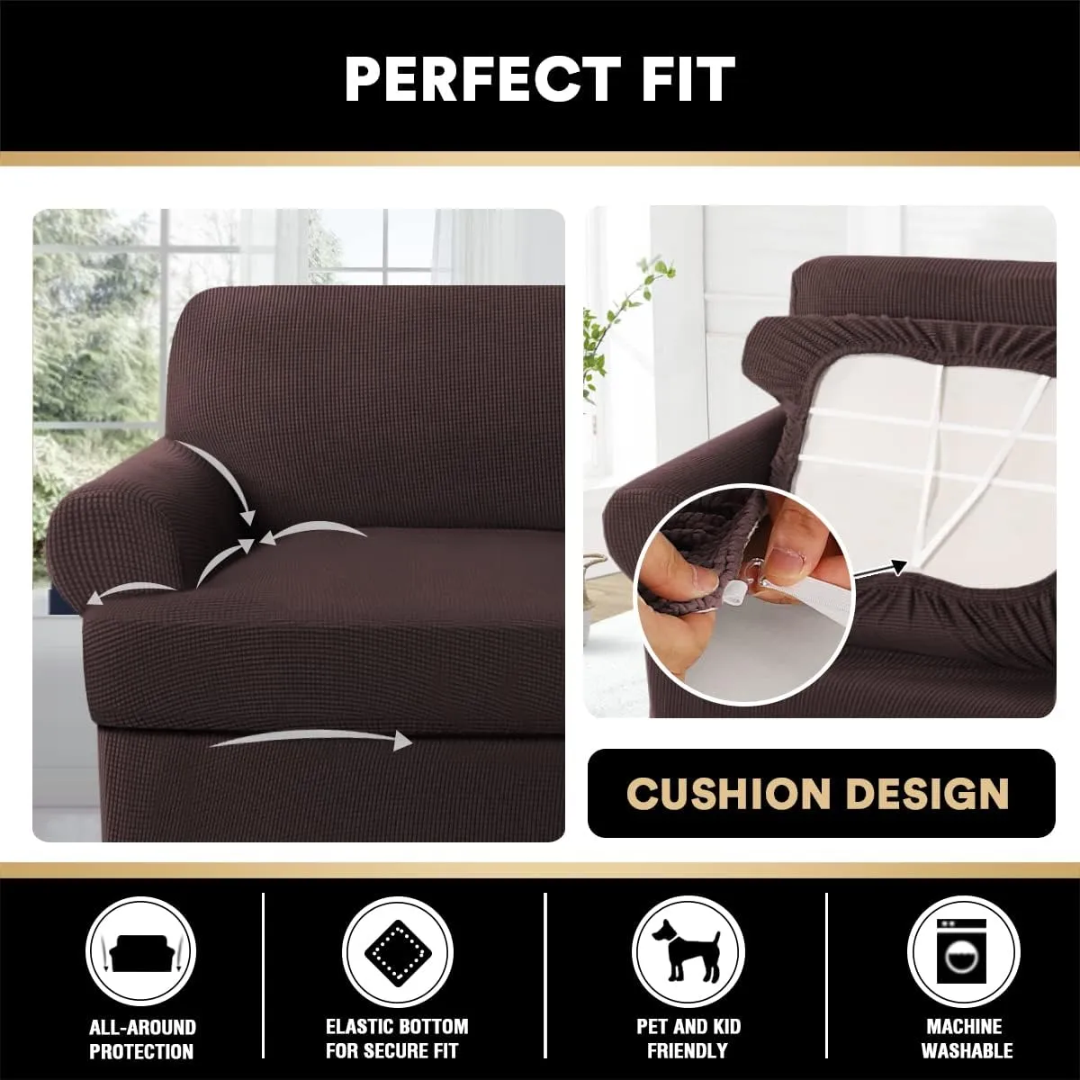 PrinceDeco T Cushion Sofa Slipcover 4 Pieces Sofa Covers for T Cushion Couch Soft Sofa Slip Covers Furniture Protector with 3 Individual T Shape Seat Covers (72"-90") Washable, Brown